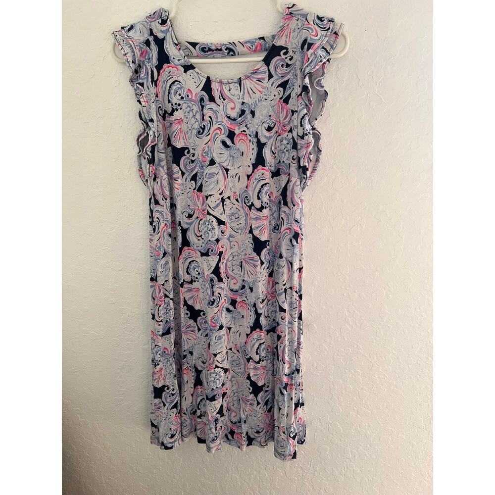 Lilly Pulitzer Pink Blue Abstract Seashell Ruffle V-Neck Shift Dress S